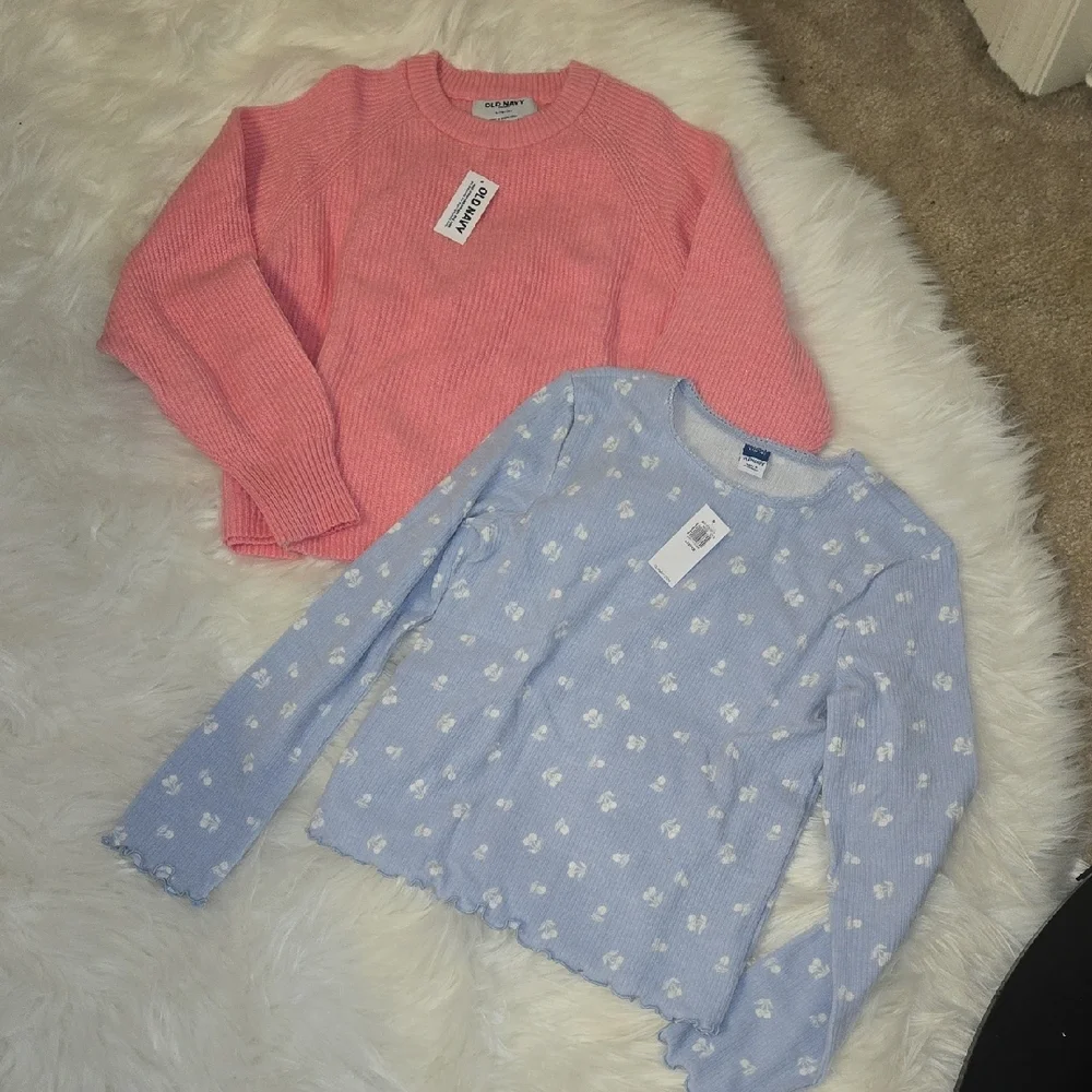 Old Navy Lot Of 2 Girls Large Pink Sweater Blue White print top long sleeve NEW